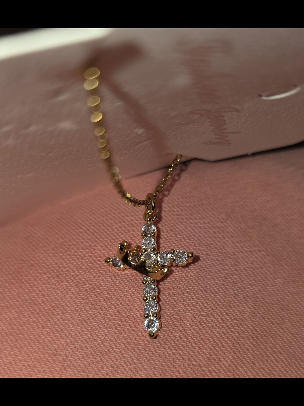 Gold Tone Crystal Cross Pendant Necklace With Crown